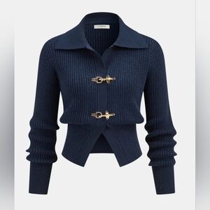 Commense Collared Metal Buckle Ribbed Cropped Sweater Small